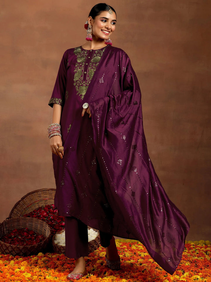 Gerua Burgundy Yoke Design Silk Blend Straight Suit With Dupatta