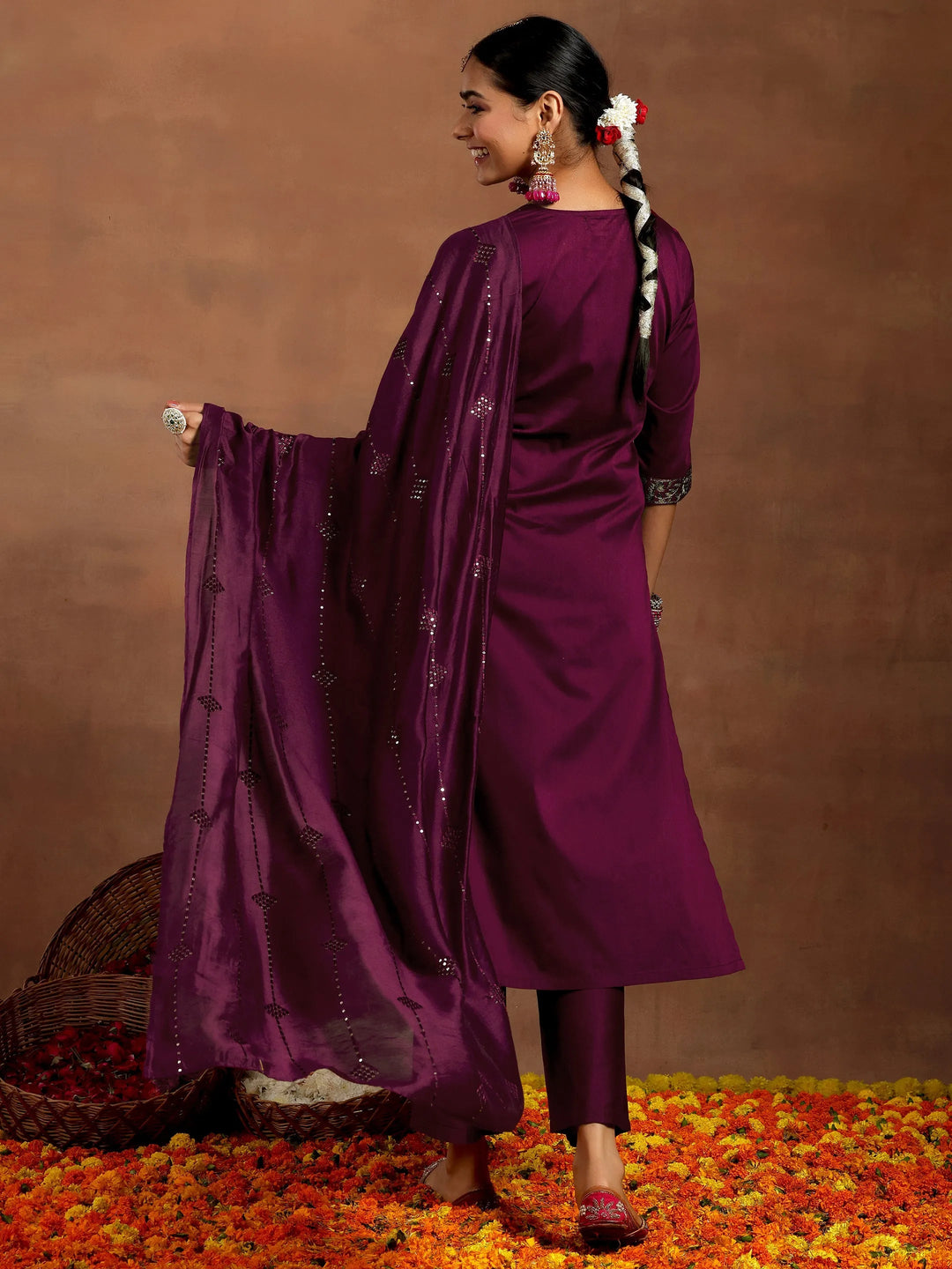 Gerua Burgundy Yoke Design Silk Blend Straight Suit With Dupatta