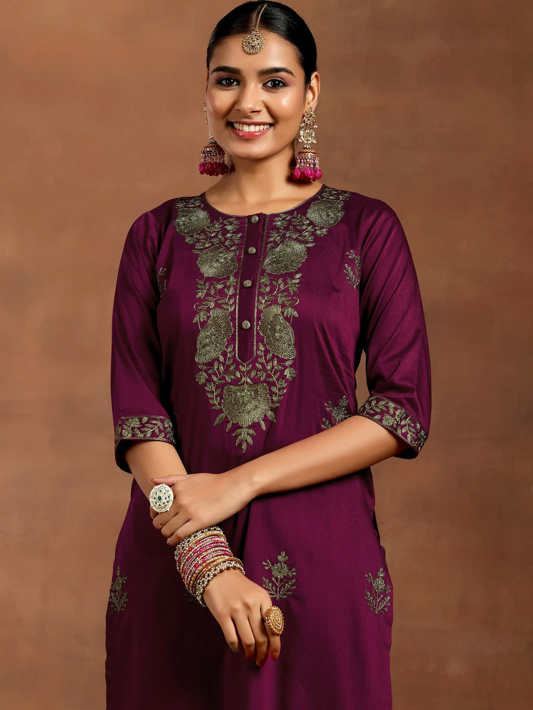 Gerua Burgundy Yoke Design Silk Blend Straight Suit With Dupatta