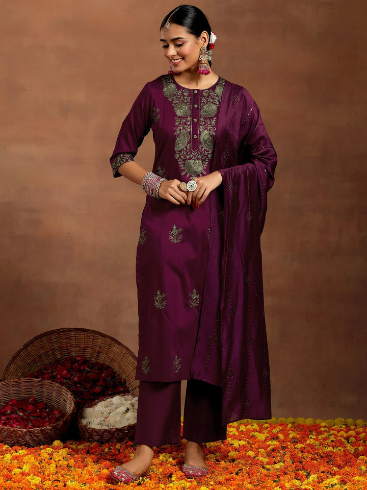 Gerua Burgundy Yoke Design Silk Blend Straight Suit With Dupatta