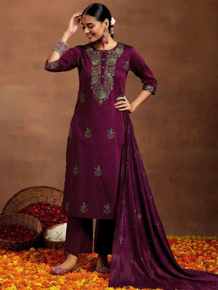 Gerua Burgundy Yoke Design Silk Blend Straight Suit With Dupatta