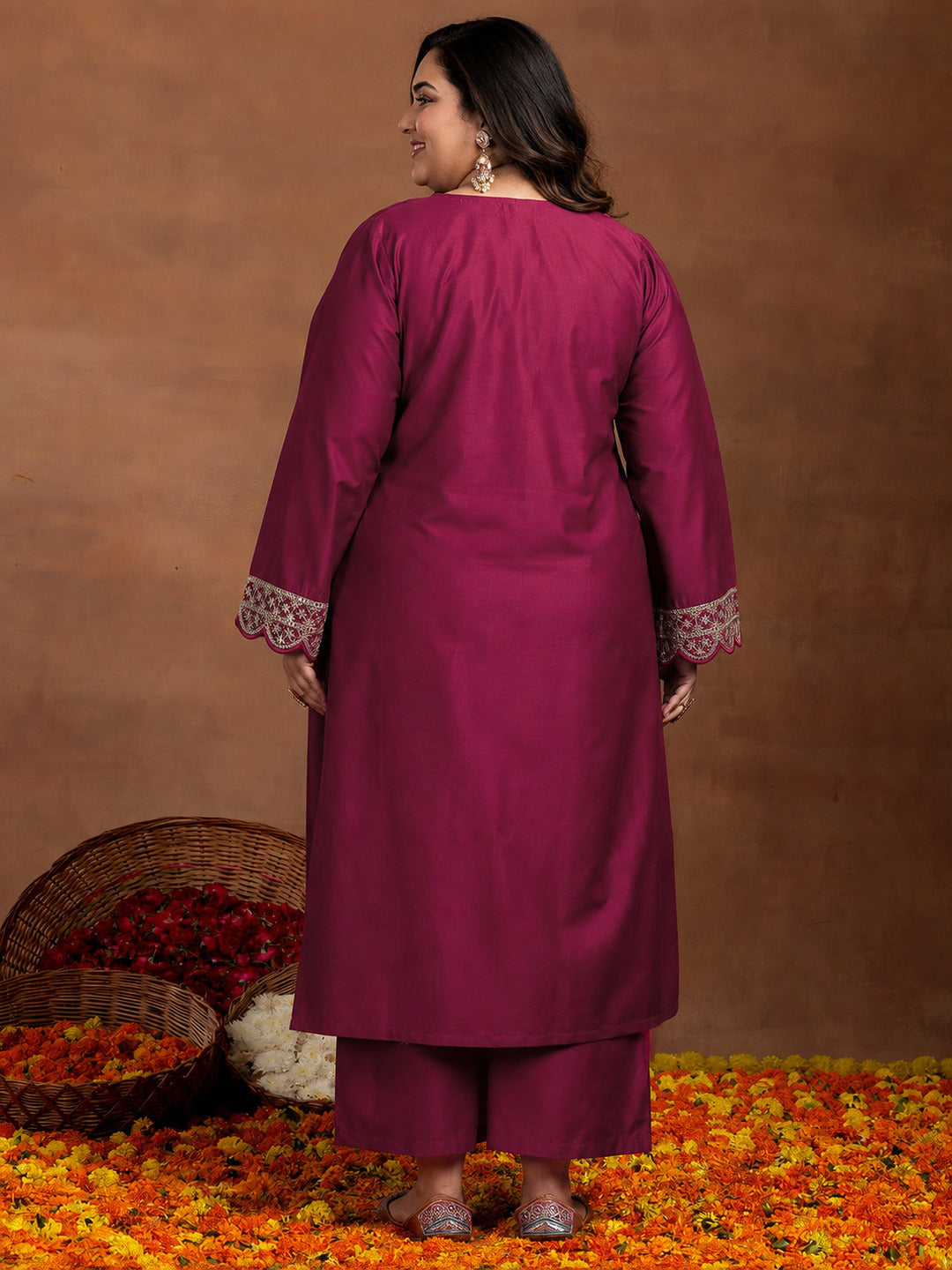 Plus Size Maroon Yoke Design Silk Blend Straight Kurta Set