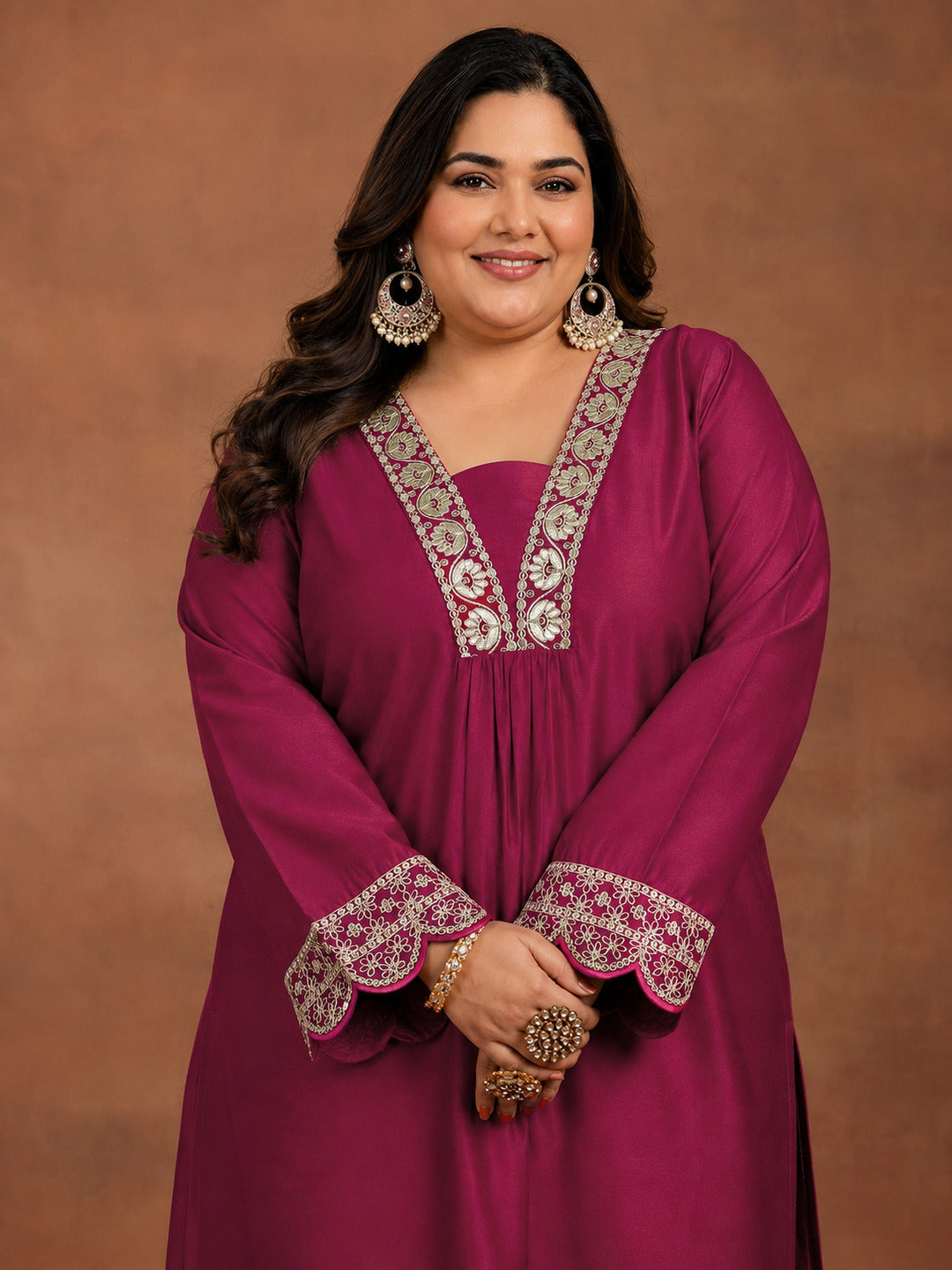 Plus Size Maroon Yoke Design Silk Blend Straight Kurta Set