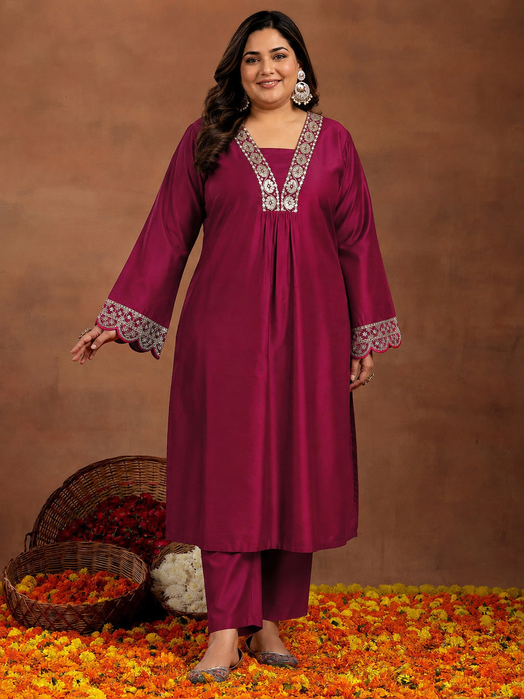 Plus Size Maroon Yoke Design Silk Blend Straight Kurta Set