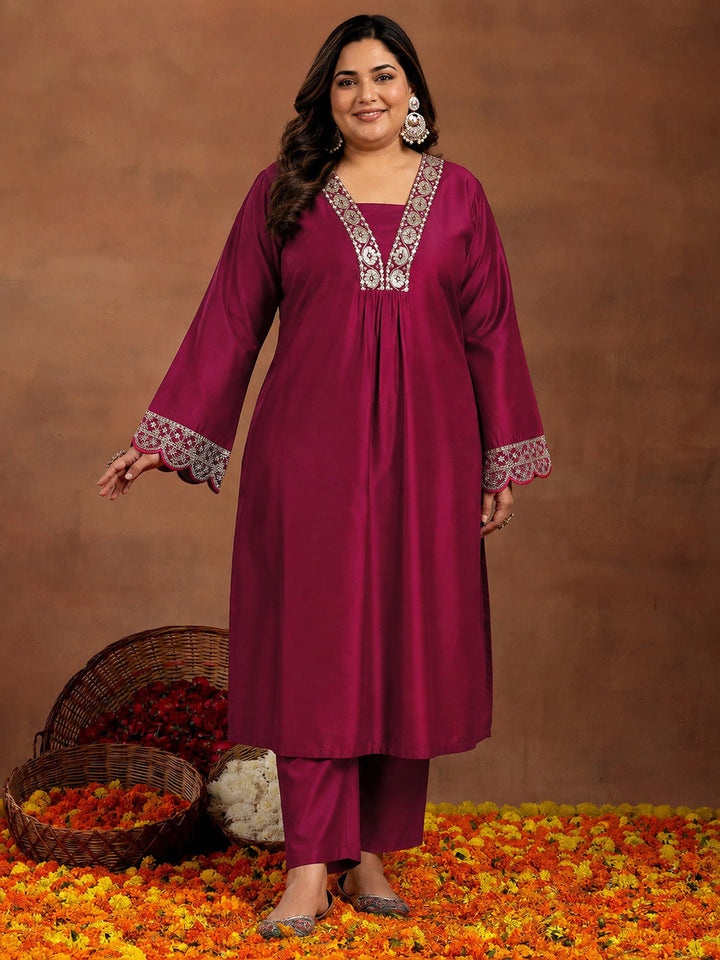 Plus Size Maroon Yoke Design Silk Blend Straight Kurta Set