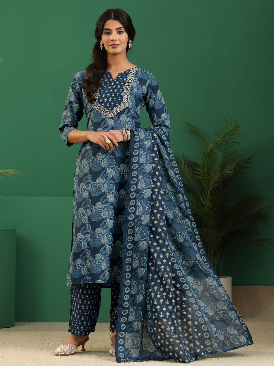 Gerua Blue Floral Printed Cotton Blend A-Line Suit Set