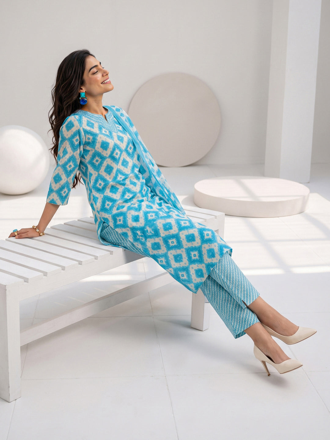 Gerua Blue Geometric Printed Straight Suit Set