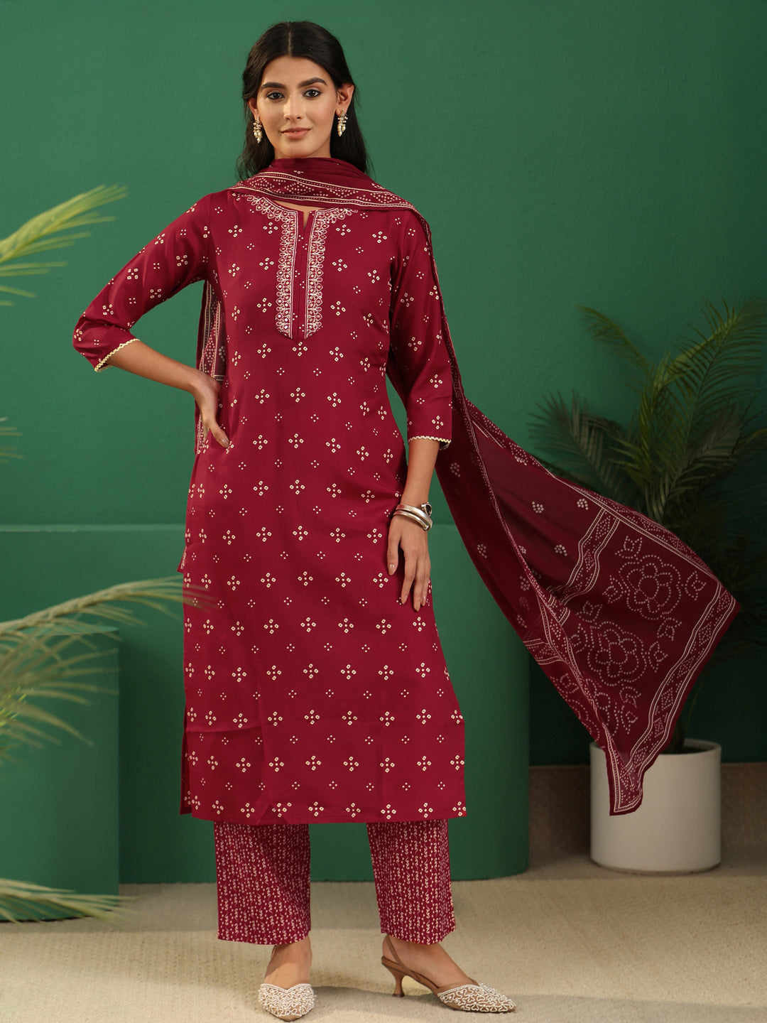 Gerua Crimson Red Bandhani Cotton Blend Straight Suit Set