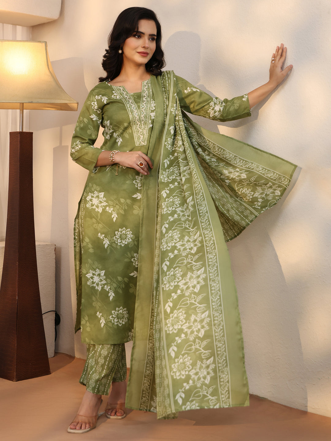 Gerua Green Floral Printed Straight Suit Set