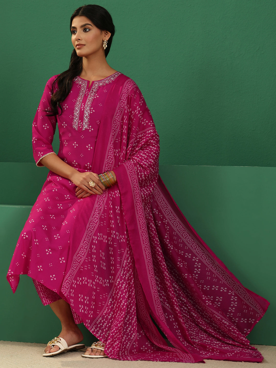 Gerua Magenta Pink Bandhani Cotton Blend Straight Suit Set