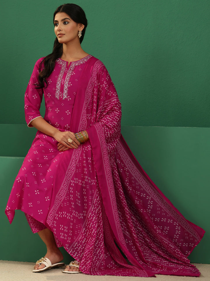 Gerua Magenta Pink Bandhani Cotton Blend Straight Suit Set