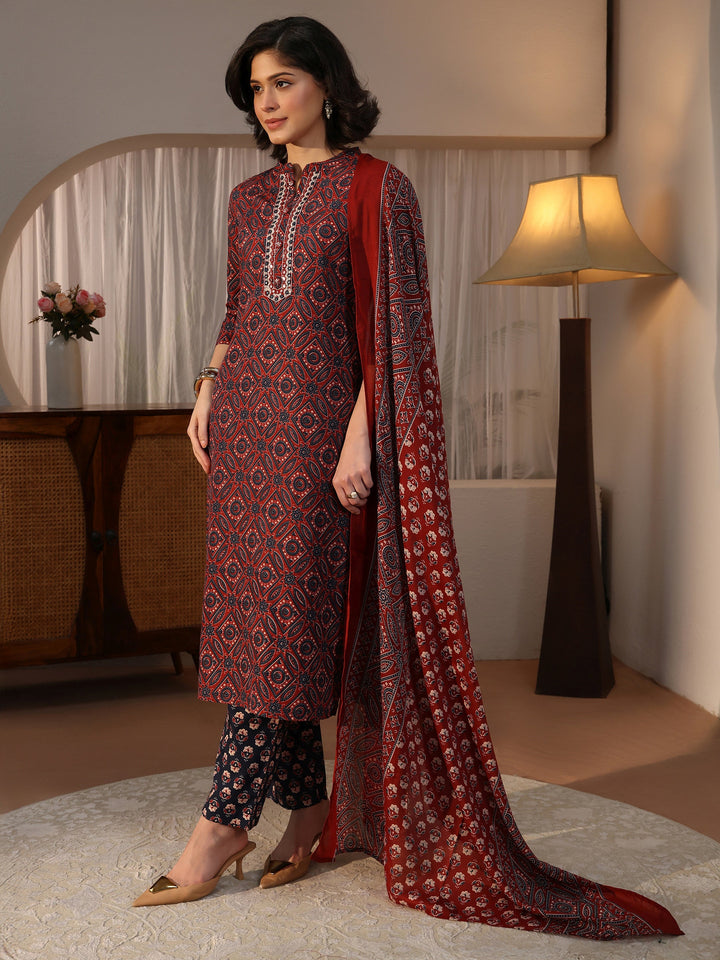 Gerua Maroon Ajrakh Printed Straight Suit Set