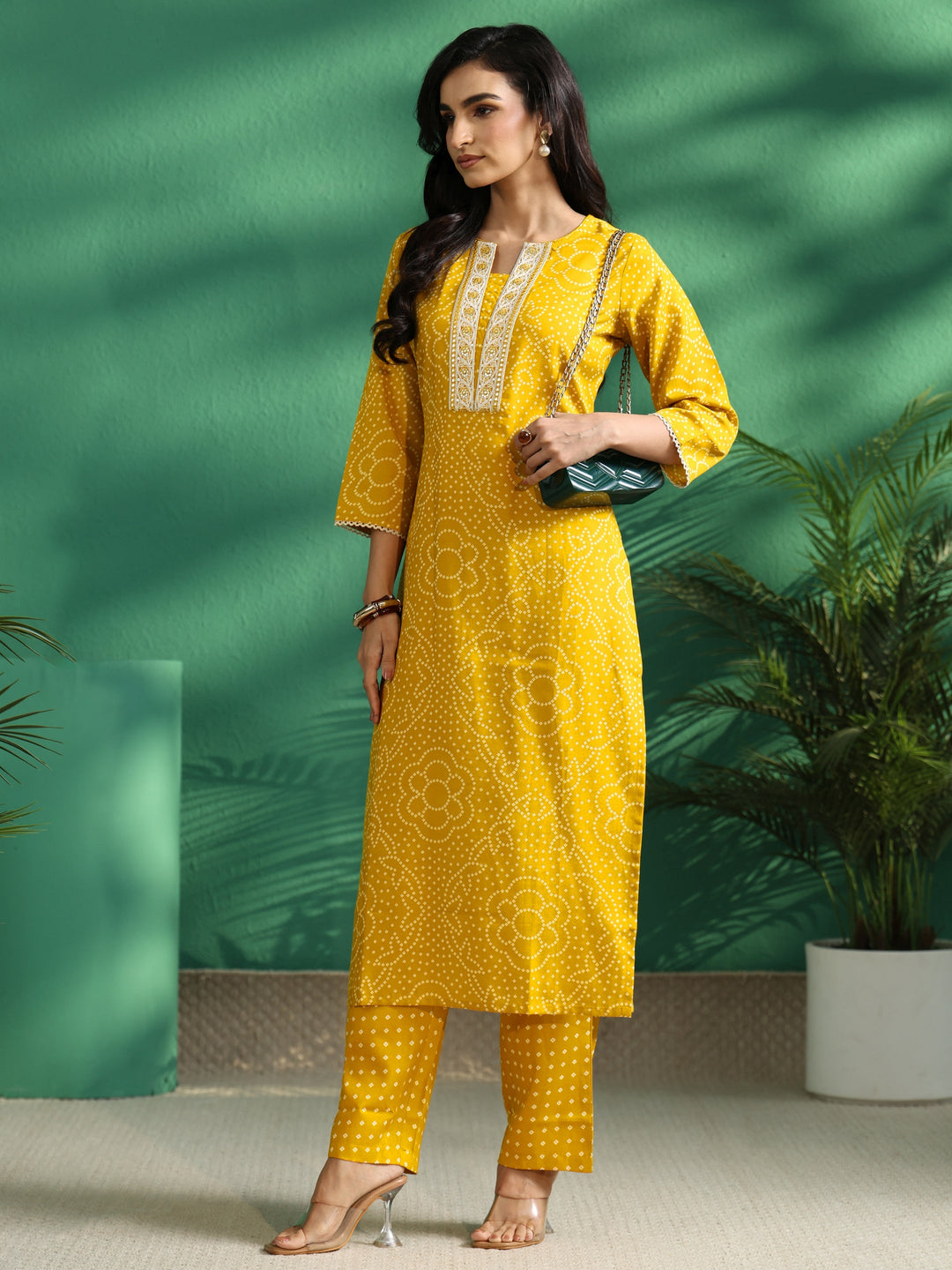 Gerua Mustard Bandhani Cotton Blend A-Line Kurta Set