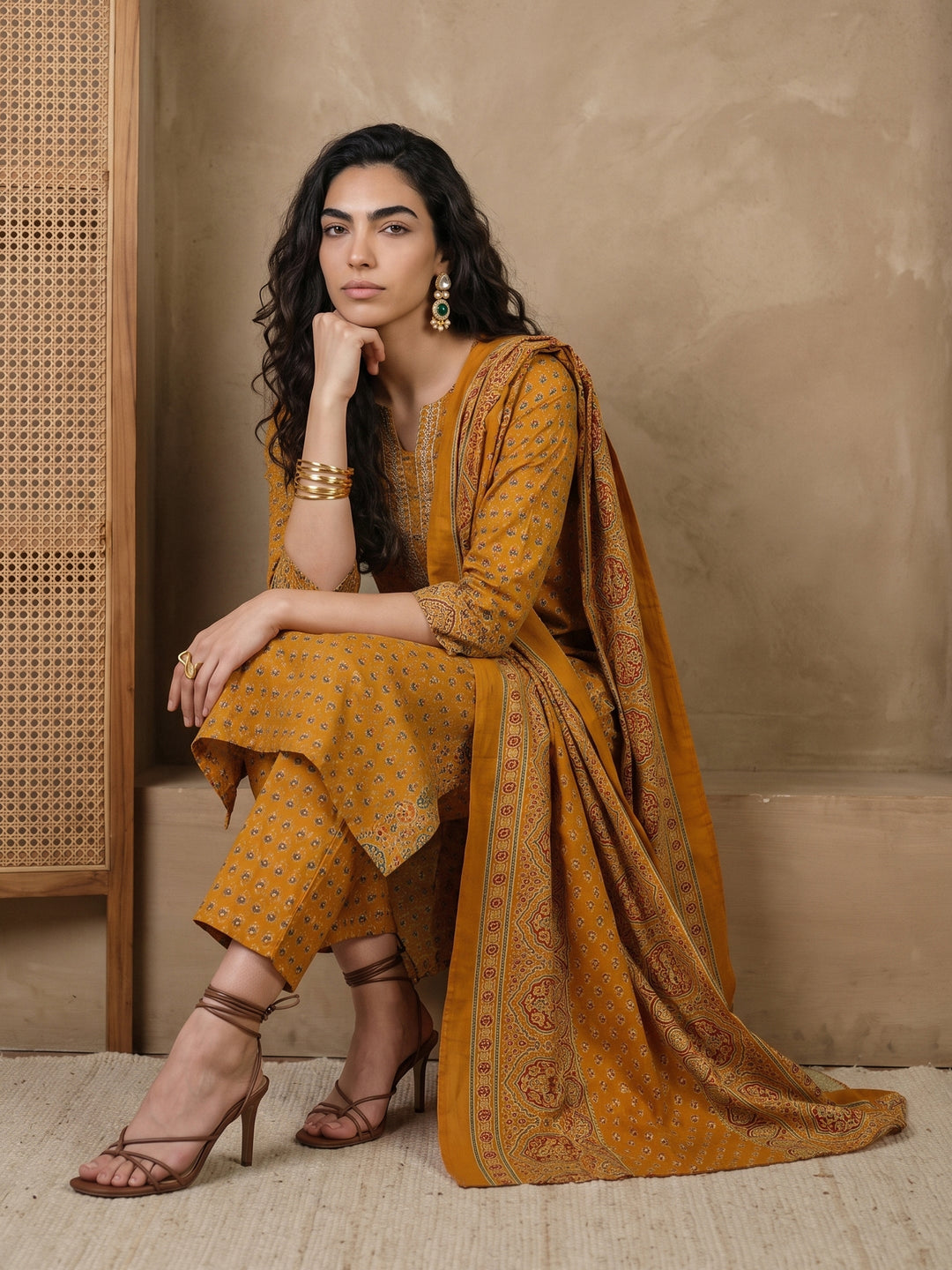 Gerua Mustard Printed Straight Suit Set