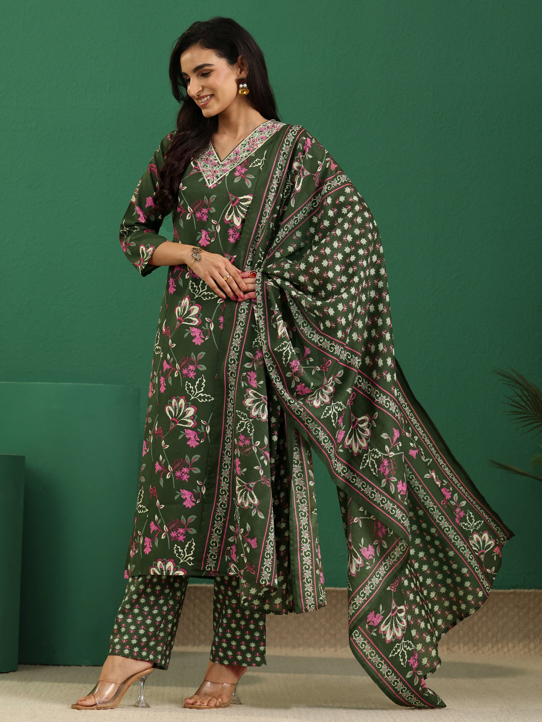 Gerua Olive Green Floral Printed Cotton Blend A-Line Suit Set
