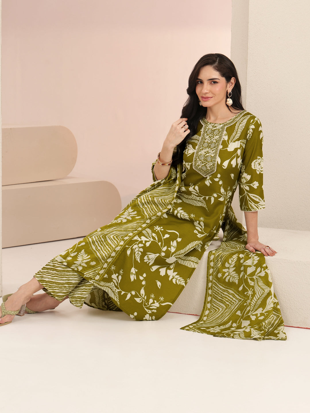 Gerua Olive Green Floral Printed Cotton Blend Straight Suit Set