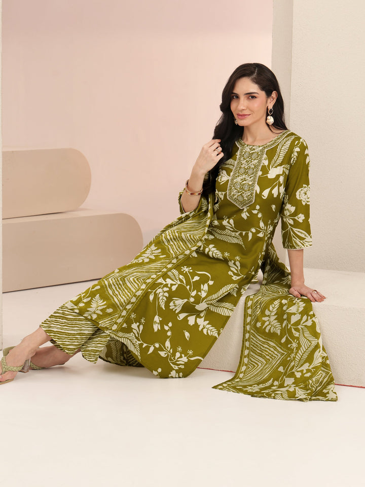 Gerua Olive Green Floral Printed Cotton Blend Straight Suit Set