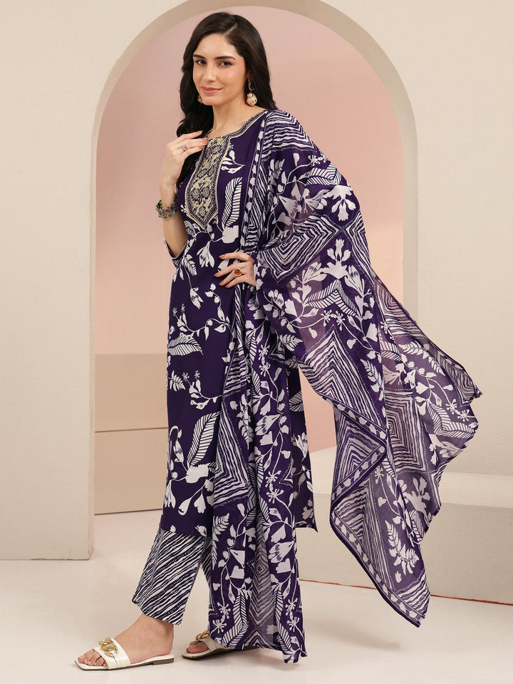 Gerua Plum Purple Floral Printed Cotton Blend Straight Suit Set