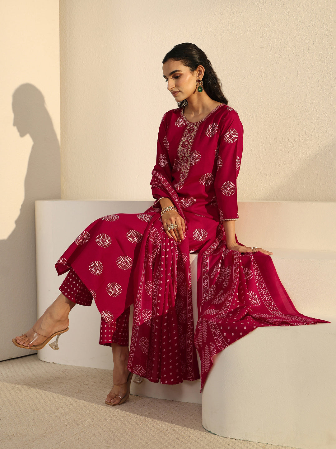 Gerua Red Circular Print Cotton Blend  Straight Suit Set