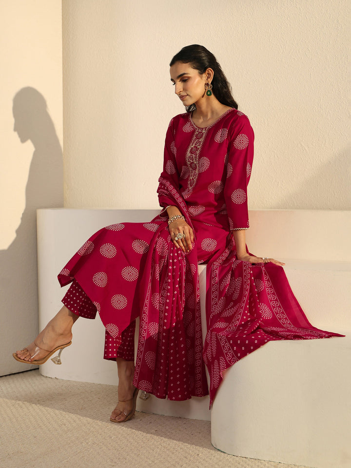 Gerua Red Circular Print Cotton Blend  Straight Suit Set