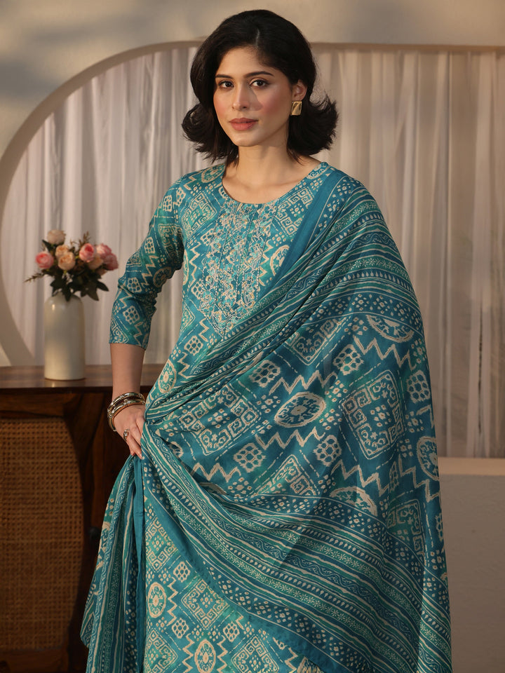 Gerua Sky Blue Batik Print Straight Suit Set
