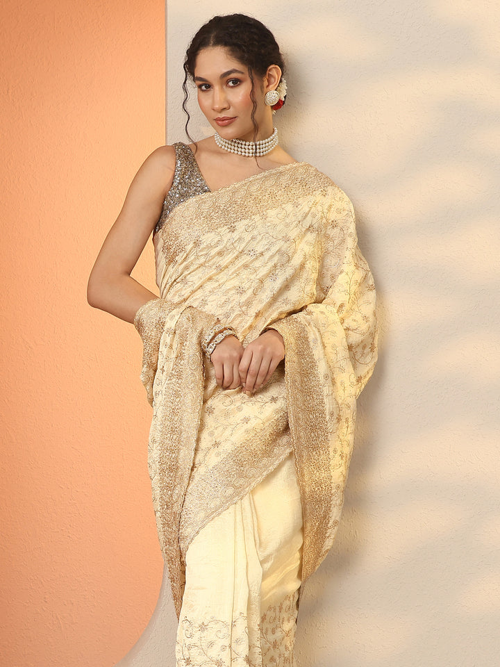 Gold Embellished Silk Blend Saree With Unstitched Blouse Piece