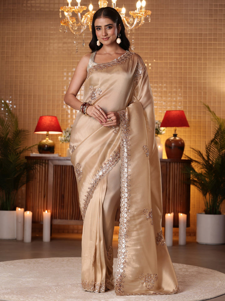 Libas Art Gold Floral Embellished Tissue Saree