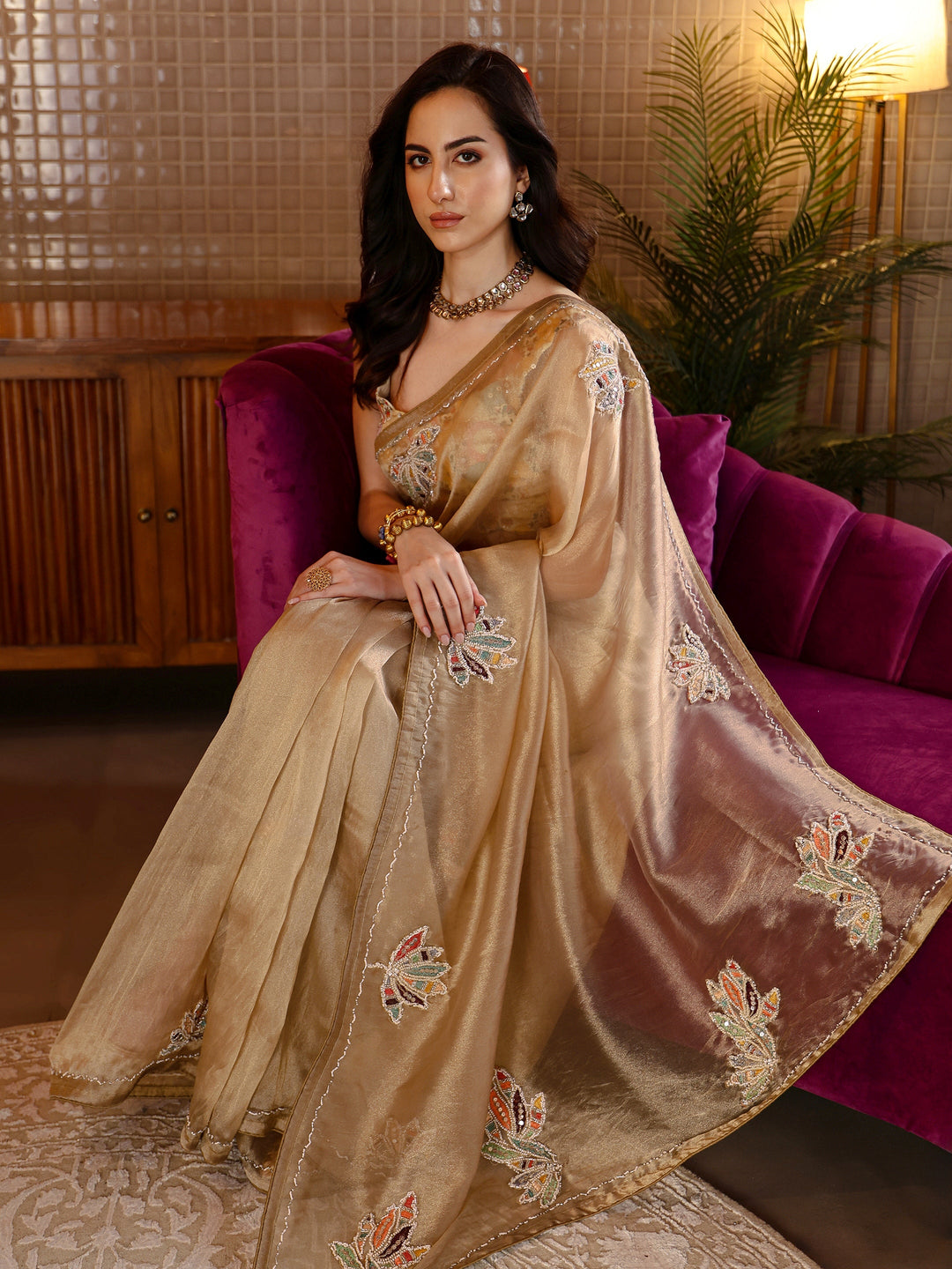 Gold Floral Embroidered Tissue Saree