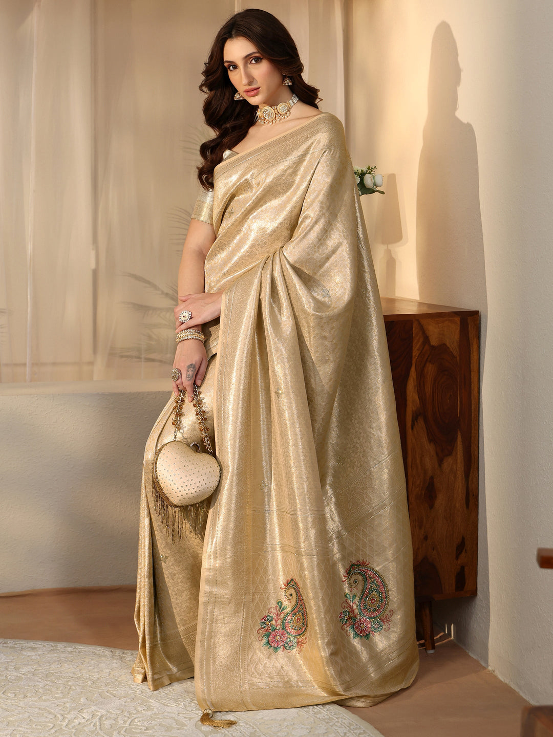 Libas Gold Floral Silk Blend Saree