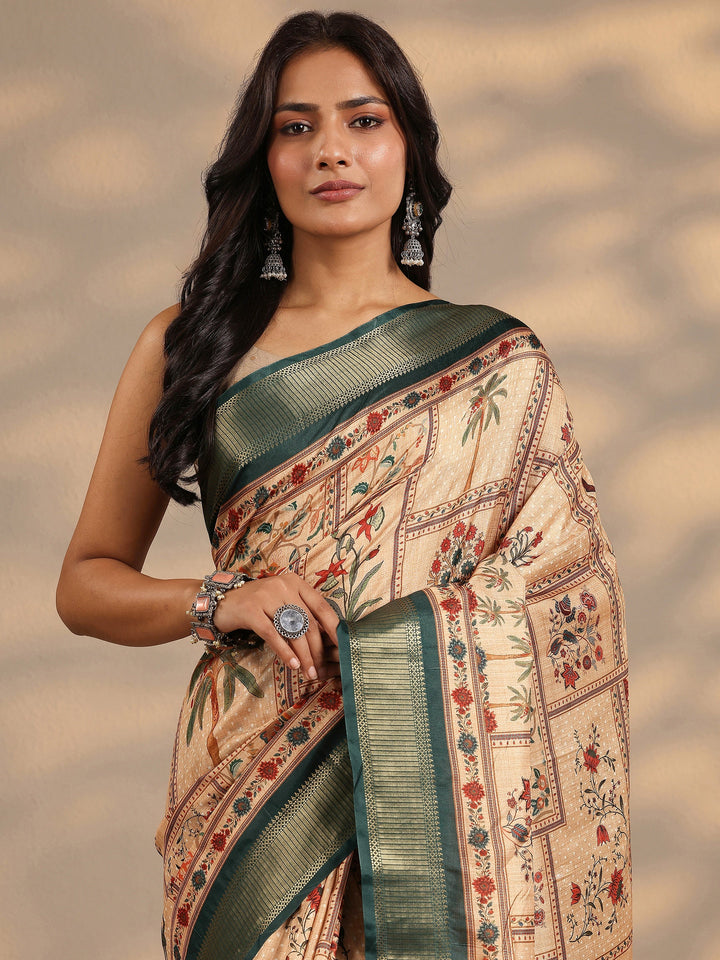 Gold Printed Silk Blend Saree With Unstitched Blouse Piece
