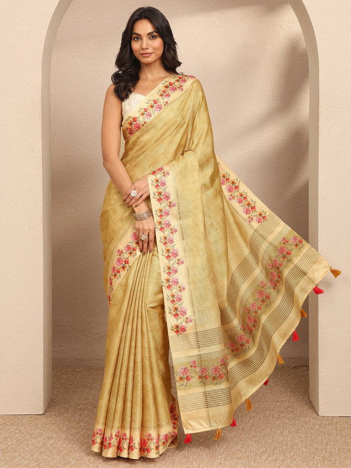 Gold Printed Silk Blend Saree With Unstitched Blouse Piece