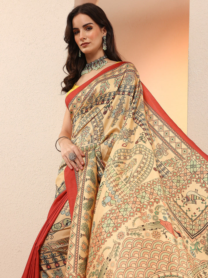 Gold Printed Silk Blend Sarees With Unstitched Blouse Piece