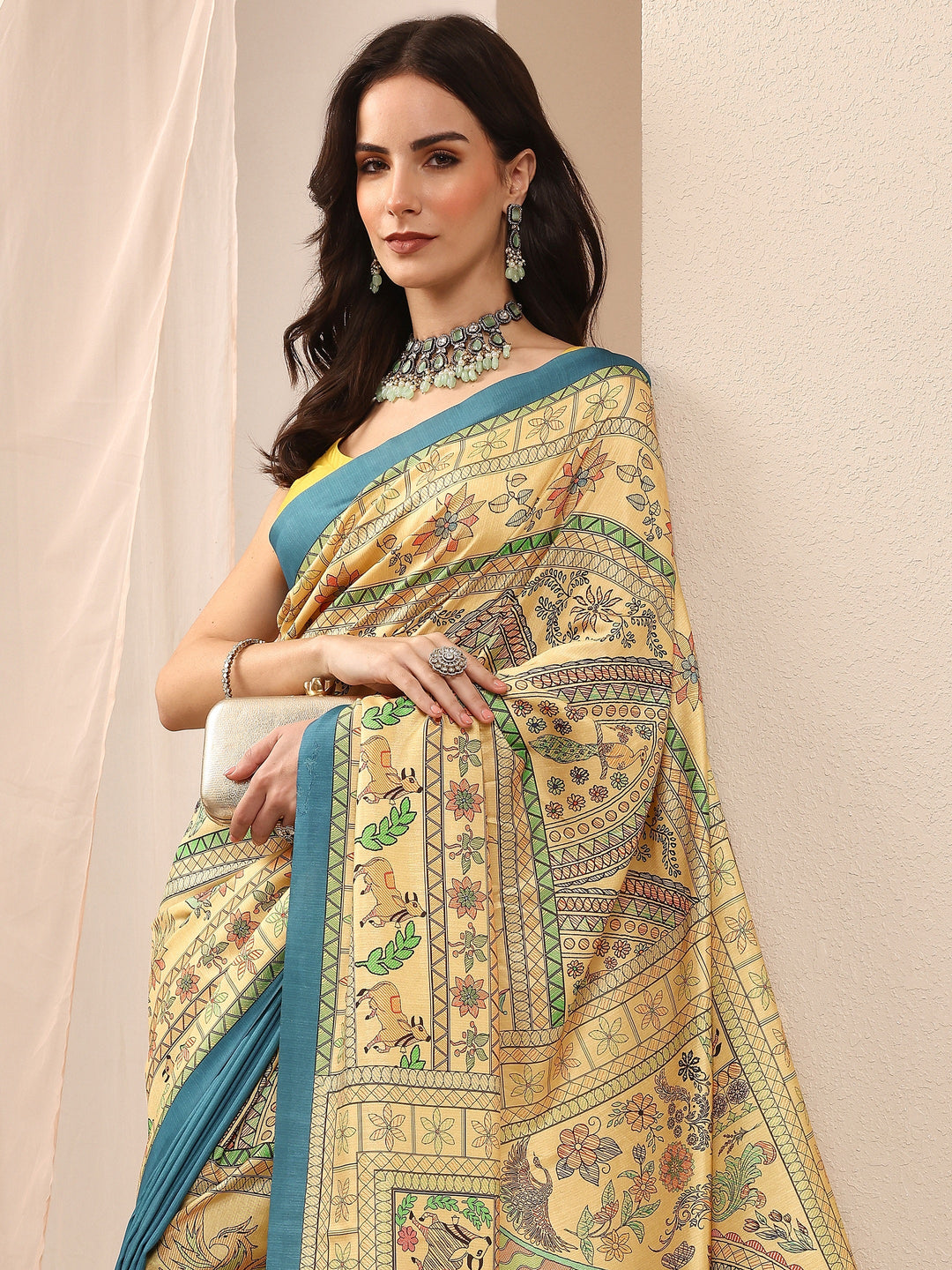 Gold Printed Silk Blend Sarees With Unstitched Blouse Piece