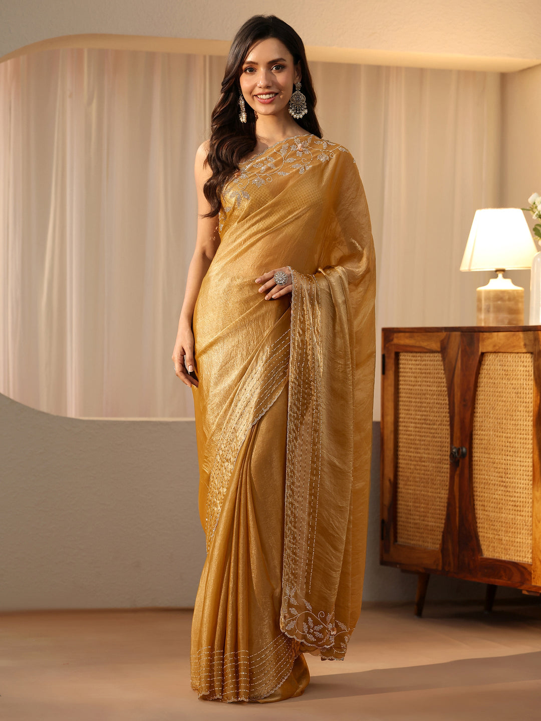 Libas Gold Silk Blend Saree with Embellished Border