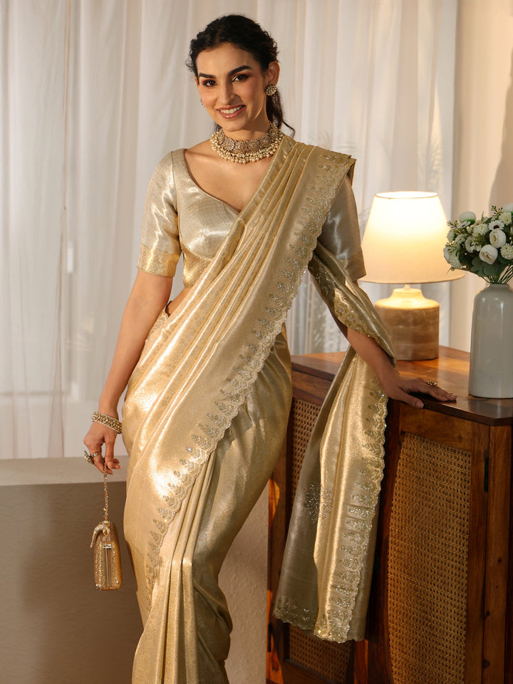 Libas Art Gold Silk Blend Saree with Embellished Border