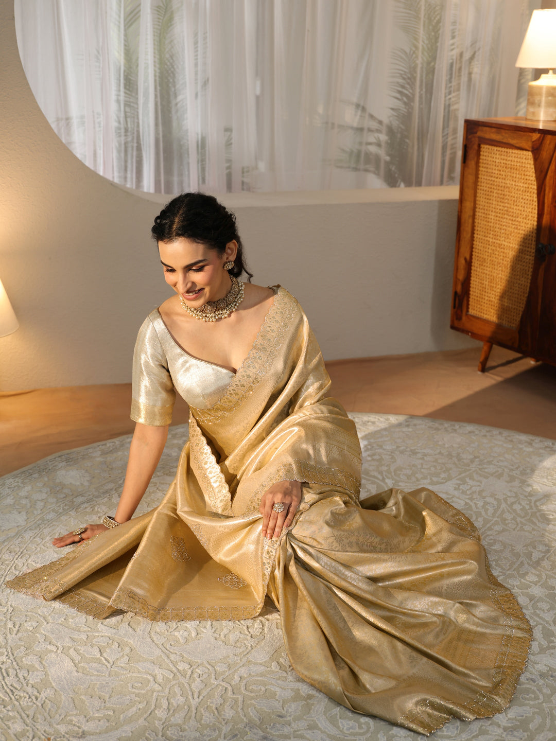 Libas Gold Silk Blend Saree with Embellished Border