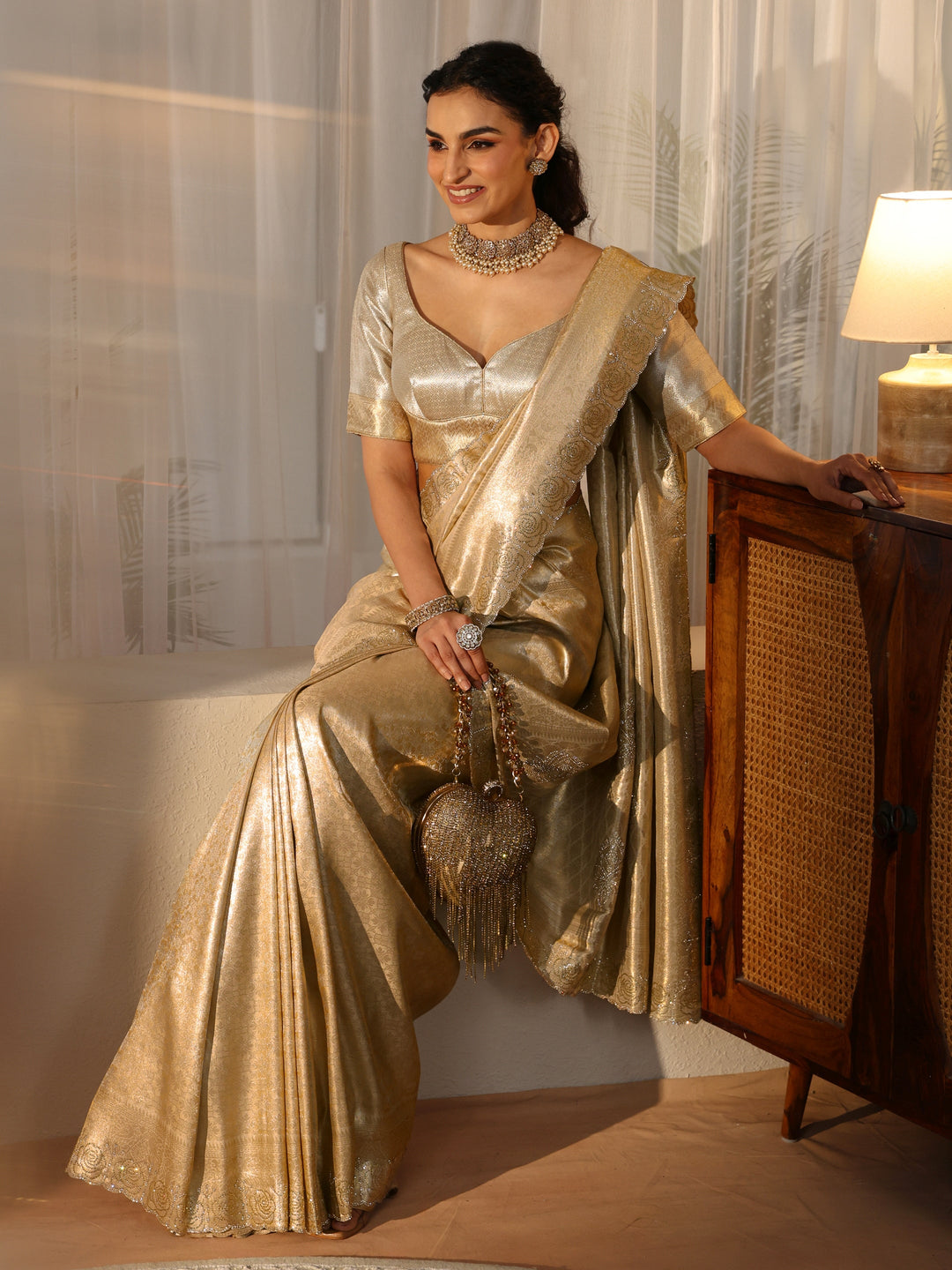 Libas Gold Silk Blend Saree with Embellished Border
