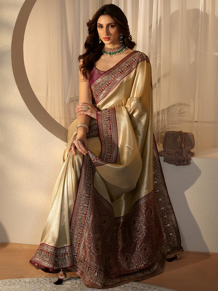 Libas Art Gold Silk Blend Saree with Embroidered Border
