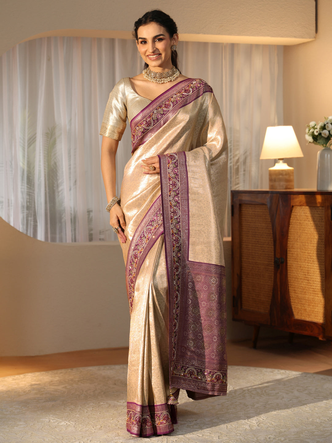 Libas Art Gold Silk Blend Saree with Embroidered Border