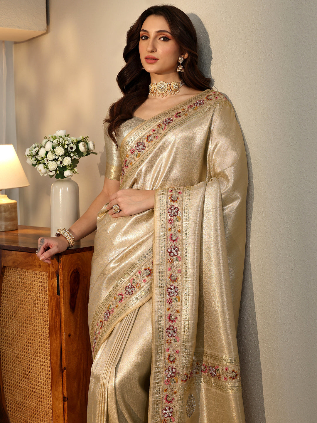 Libas Art Gold Silk Blend Saree with Embroidered Border