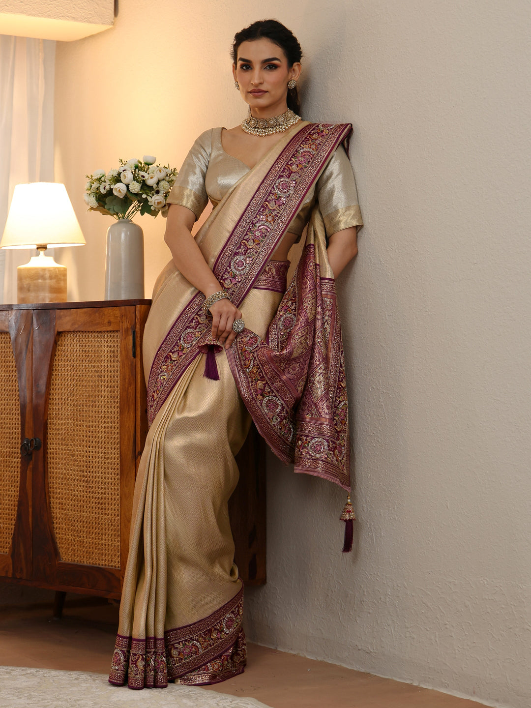 Libas Art Gold Silk Blend Saree with Embroidered Border