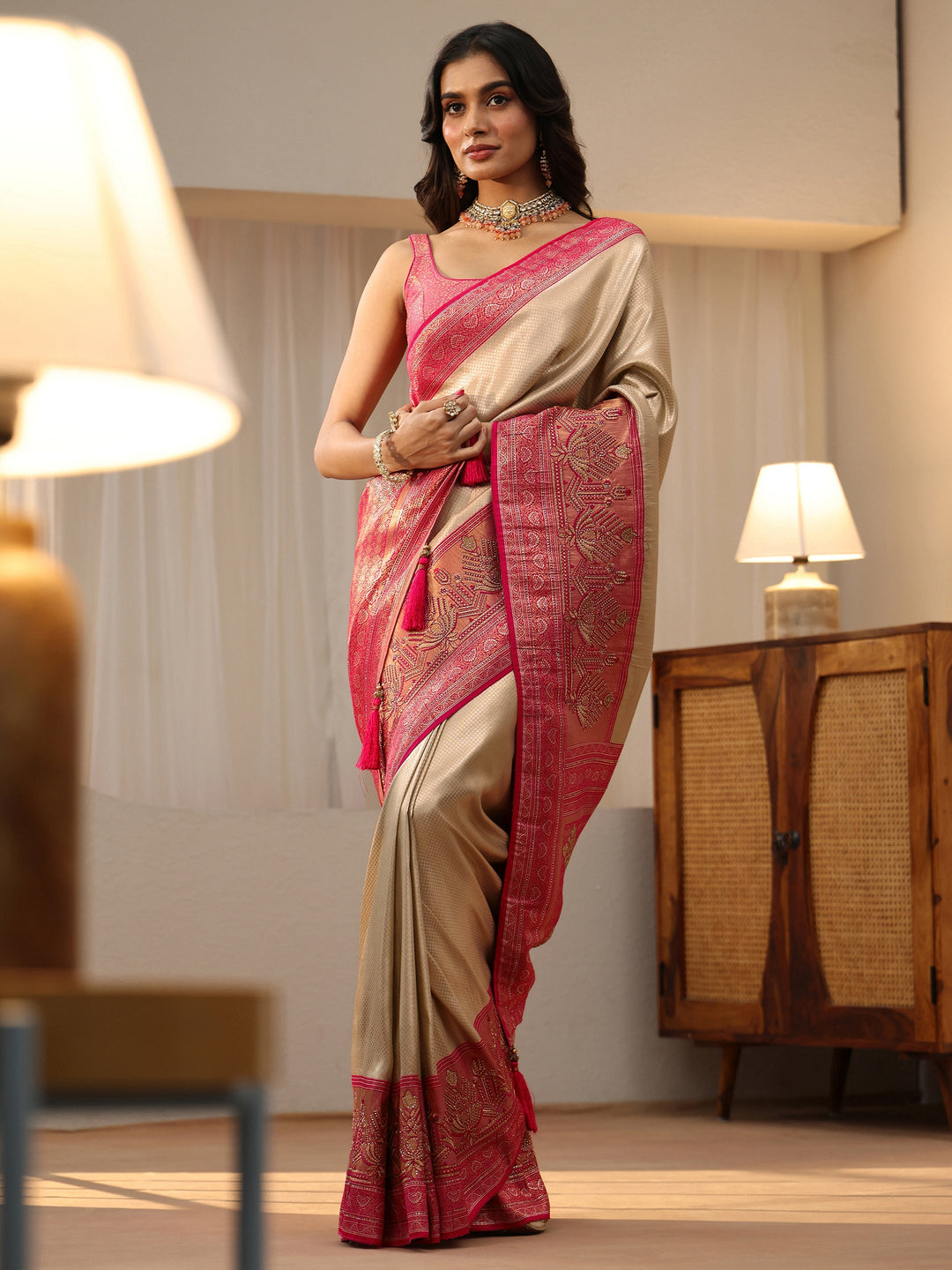 Libas Gold Silk Blend Saree with Woven Border