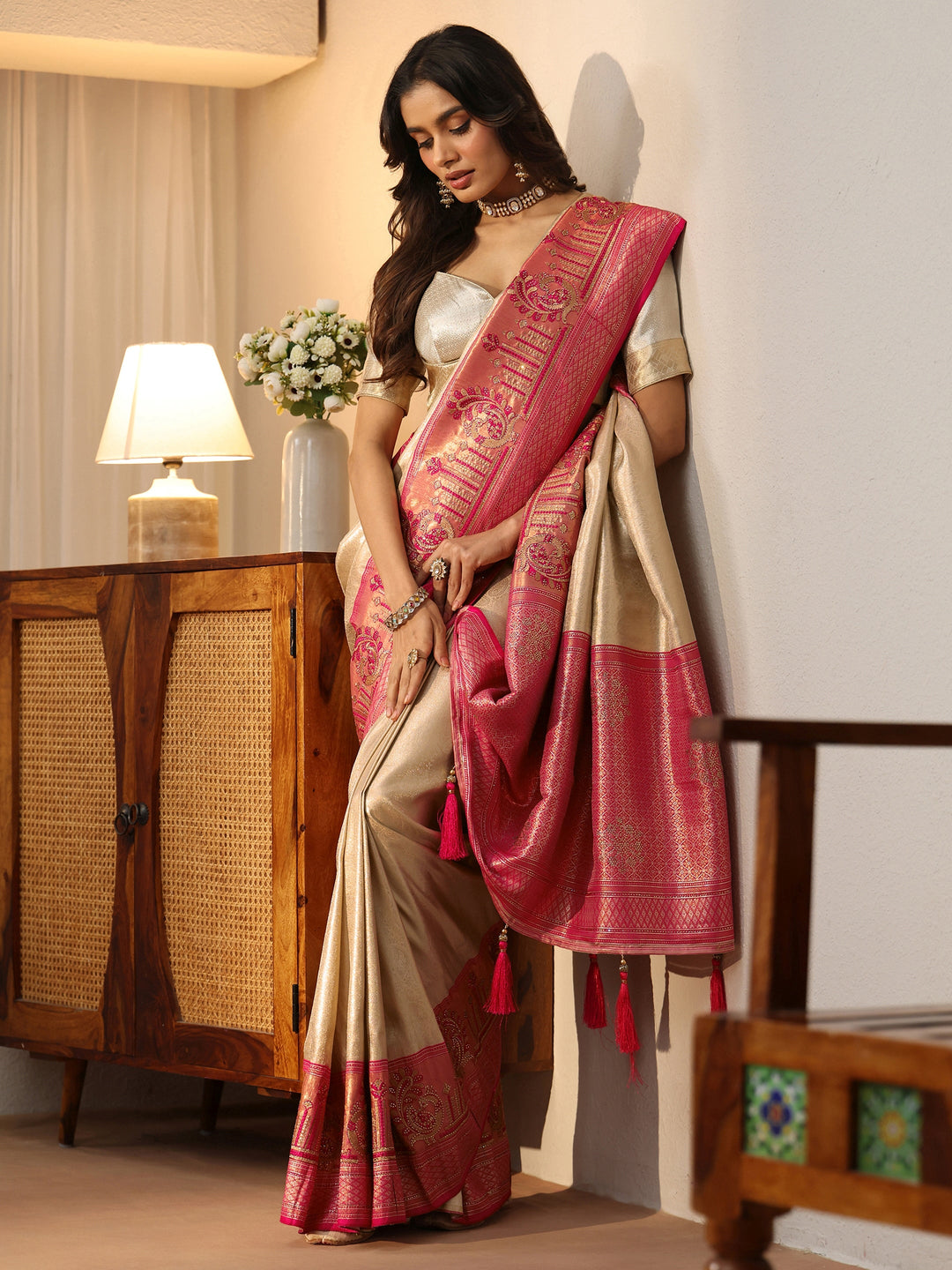 Gold Silk Blend Saree with Woven Border