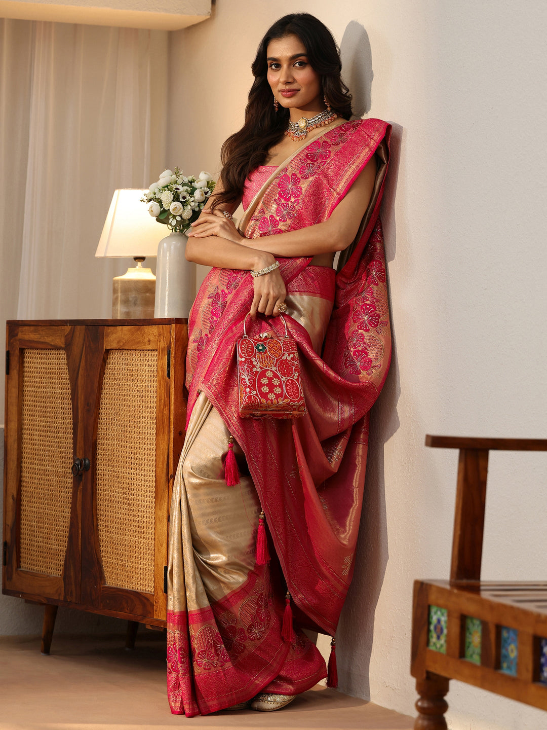 Gold Silk Blend Saree with Woven Border
