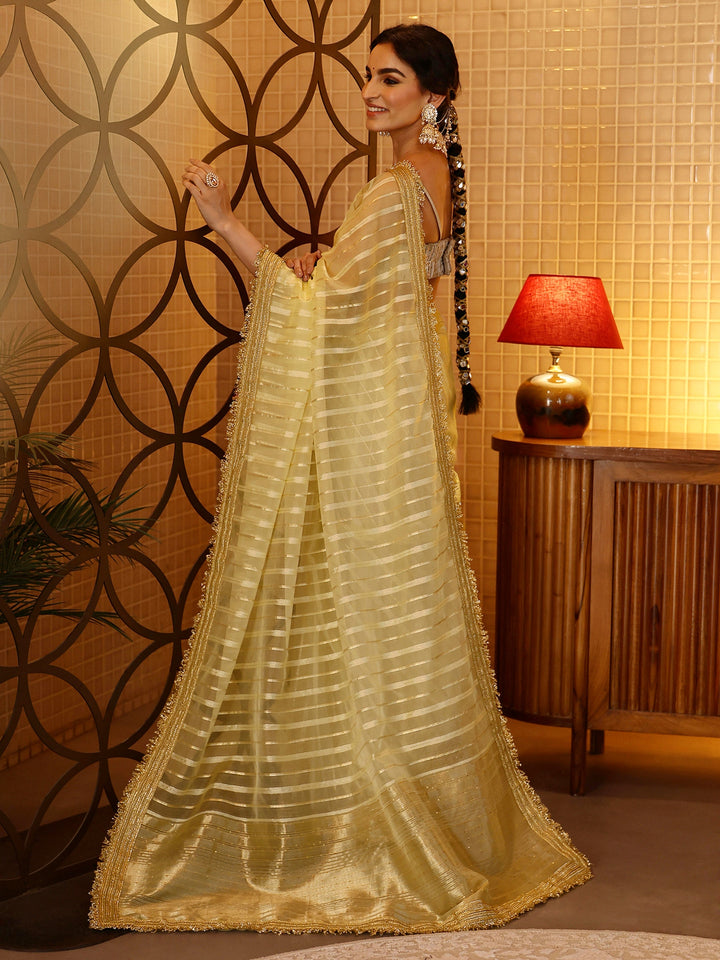 Libas Gold Striped Woven Design Tissue Saree