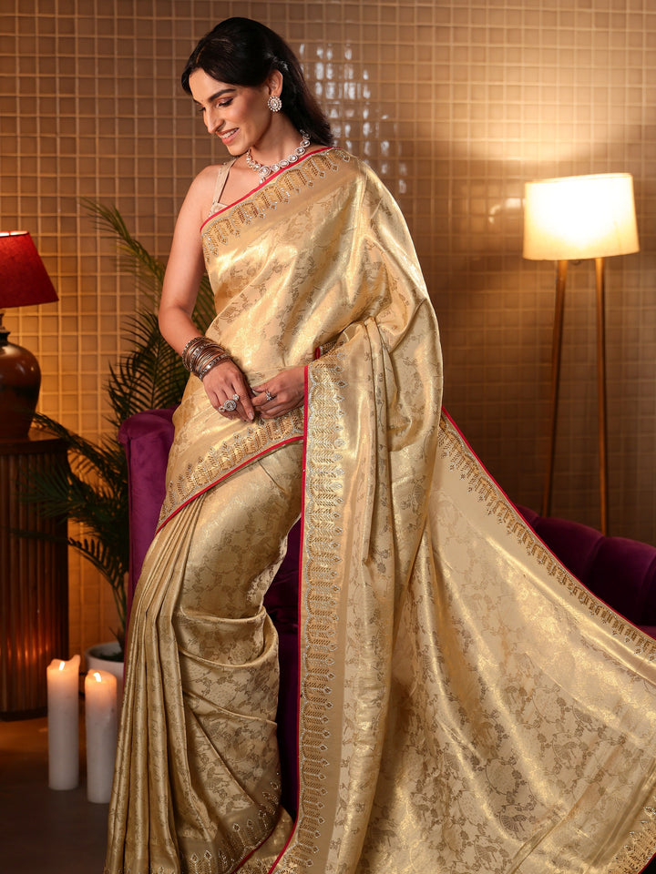 Libas Gold Tribal Woven Design Satin Saree