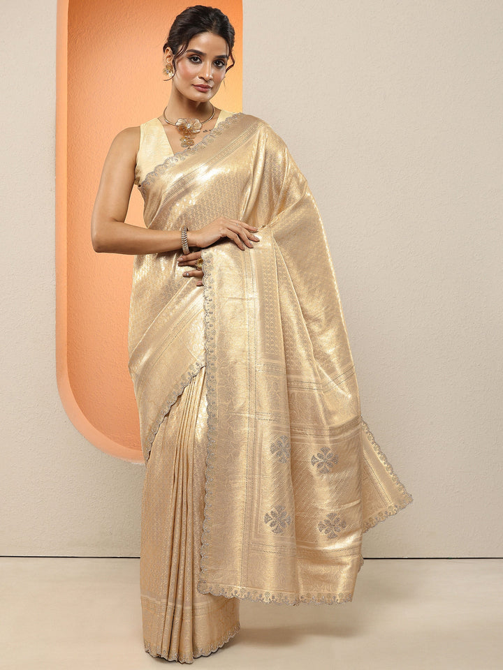 Gold Woven Design Silk Blend Sarees With Unstitched Blouse Piece