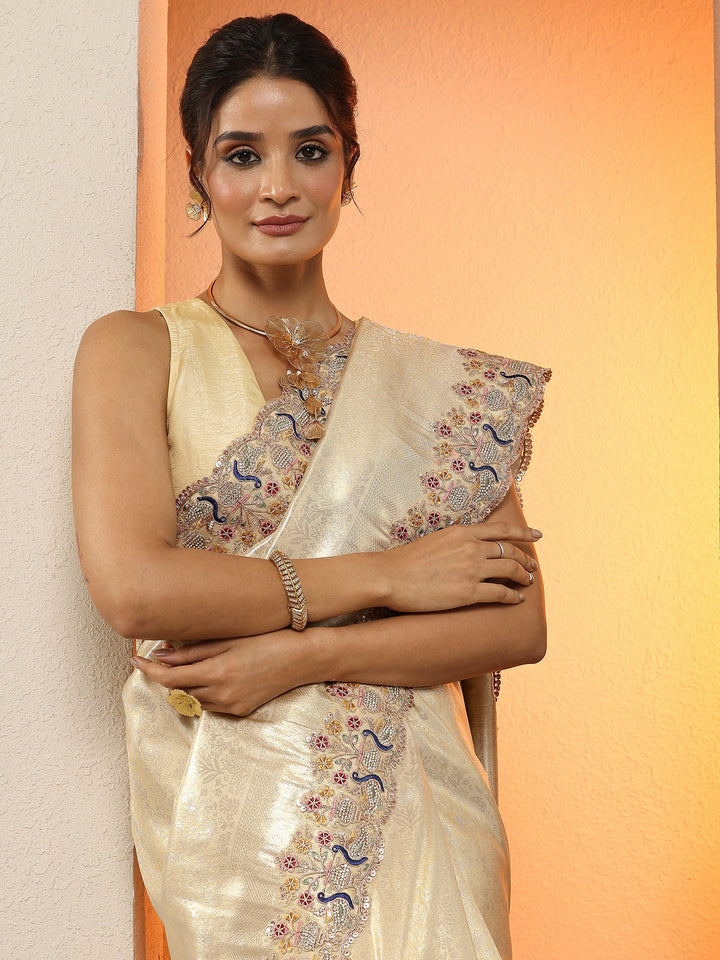 Gold Woven Design Silk Blend Sarees With Unstitched Blouse Piece