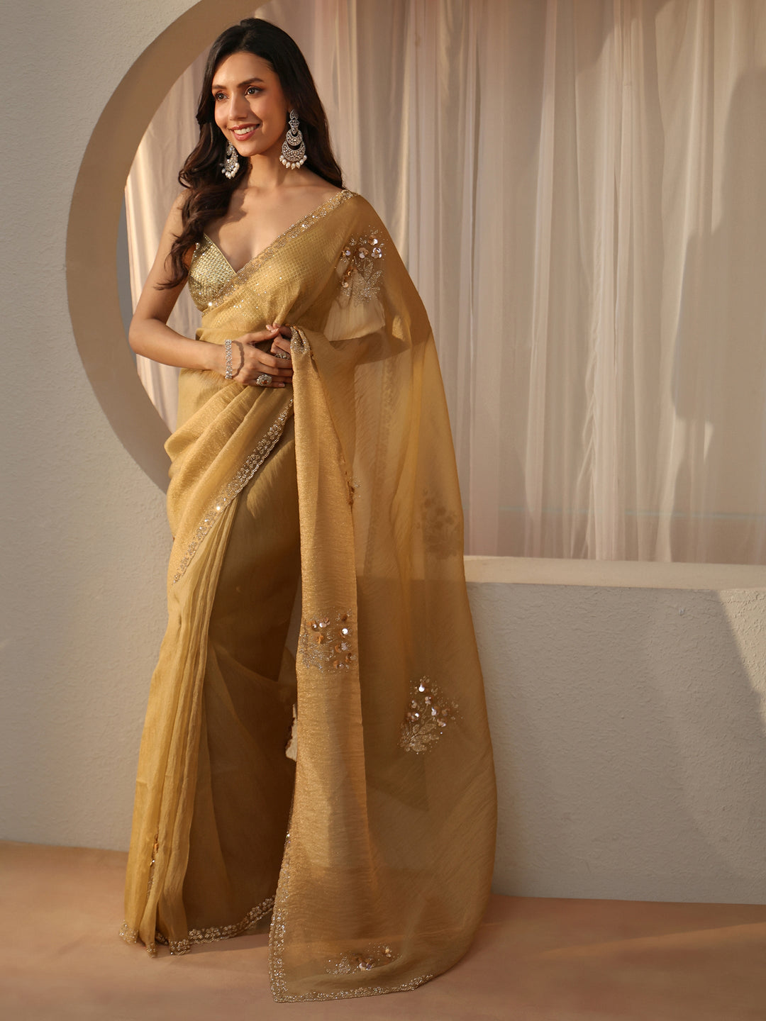 Libas Golden Beige Floral Embellished Tissue Saree