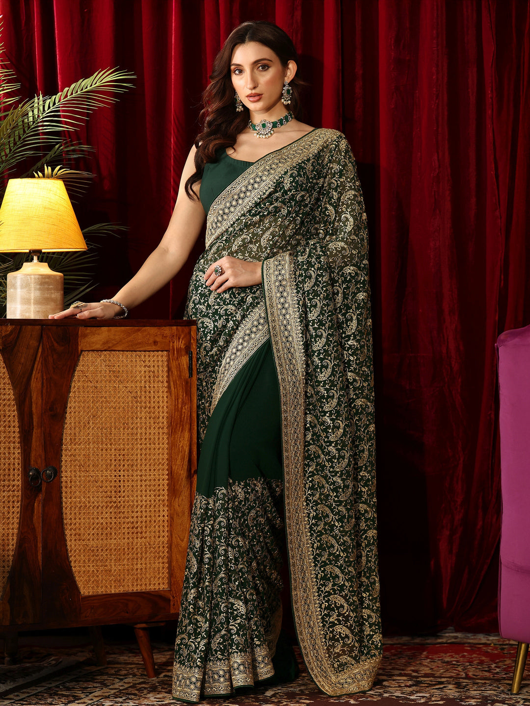 Libas Golden Embroidered Forest Green Georgette Saree